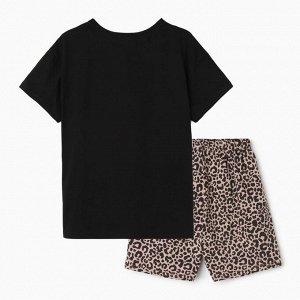 Комплект женский домашний (футболка/шорты), цвет чёрный/леопардовый