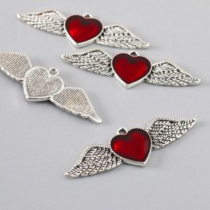Декор для творчества металл "Красное сердце крылья" серебро эмаль 5,3х1,8 см