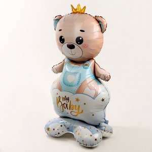 Воздушный шар фольгированный 62" «Мишка в короне — мальчик», на подставке