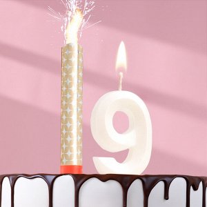 Свеча в торт "Грань + фонтан", цифра "9", жемчужный, 6,5 см