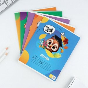 Тетрадь в частую косую линейку 12 листов А5, на скрепке «Учись на 5+», обложка мелованный картон, блок №1, 5 видов МИКС