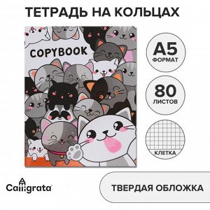 Тетрадь на кольцах, в клетку, 80 листов "Коты", обложка 7БЦ, без вырубки под кольца, блок офсет