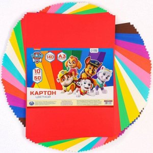 Цветной картон тонированный, А3, 50 листов, 10 цветов, немелованный, двусторонний, в пакете, 140 г/м², «Щенячий патруль»