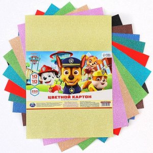 Цветной картон с блёстками, А4, 10 листов, 10 цветов, немелованный, односторонний, в пакете, 250 г/м², «Щенячий патруль»