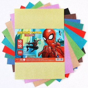 Картон цветной с блёстками, А4, 10 листов, 10 цветов, немелованный, односторонний, в пакете, 250 г/м², Человек-паук