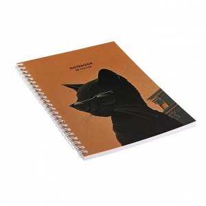 Ежедневник недатированный на гребне А5 60 листов, мягкая обложка "Черный кот в очках"