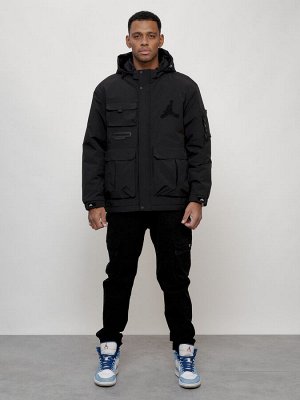 Куртка спортивная мужская весенняя с капюшоном черного цвета 705Ch