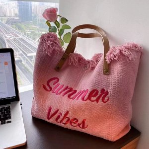 Холщовая сумка с необработанным краем, с надписью, цвет розовый