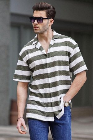Мужская рубашка цвета хаки в полоску с коротким рукавом 6730