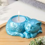 Cвеча &quot;Кошка&quot; в подсвечнике из гипса, 7,5х10х5,5см,голубой