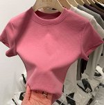 Футболка трикотажная короткая облегающая однотонная, розовый