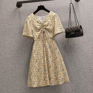 Женское платье с коротким рукавом, цвет желтый, принт "цветы"