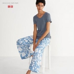 UNIQLO Princesse Tam Tam - легкие штаны с ботаническим узором - 64 BLUE