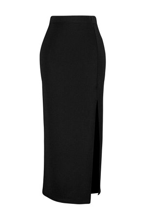 Trendyomilla Черная эластичная  юбка макси с высокой талией и разрезом из крепа Smart