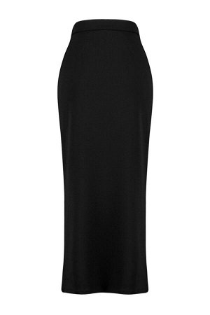 Trendyomilla Черная эластичная  юбка макси с высокой талией и разрезом из крепа Smart