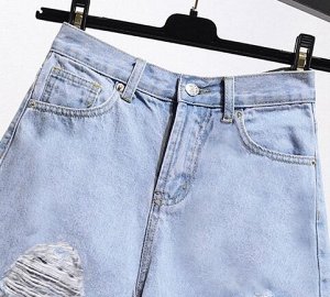 Шорты джинсовые с высокой посадкой и рваным краем, серый