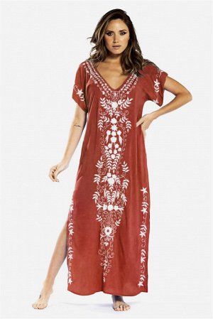 Женское макси-платье с вышивкой, короткими рукавами и разрезами по бокам, цвет ржаво-красный/белый