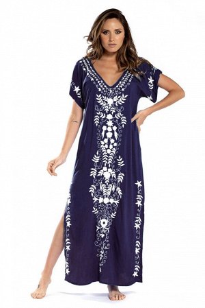 Женское макси-платье с вышивкой, короткими рукавами и разрезами по бокам, цвет тёмно-синий/белый