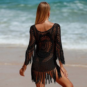 Женское пляжное ажурное платье-туника с бахромой, цвет чёрный