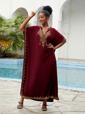 Женское макси-платье с вышивкой, короткими рукавами и разрезами по бокам, цвет бордовый/золотистый