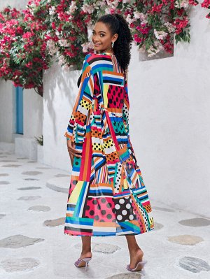Женская накидка с разноцветным принтом, длинными рукавами и поясом