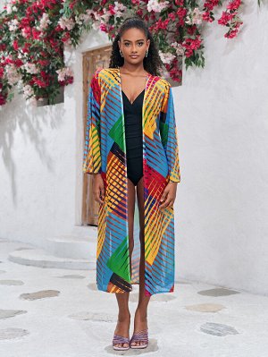 Женская накидка с разноцветным принтом, длинными рукавами и поясом