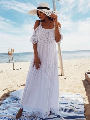 Женское кружевное макси-платье с короткими рукавами, цвет белый
