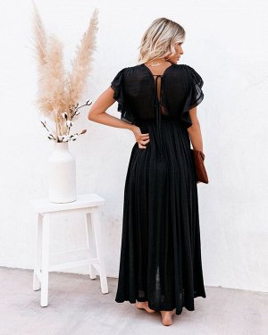 Женские длинное платье с короткими рукавами и завязками на спине, на пуговицах, цвет чёрный