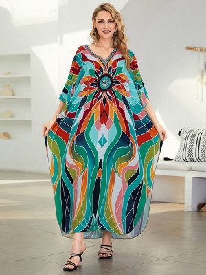 Женское длинное платье-накидка с разноцветным принтом и разрезами по бокам