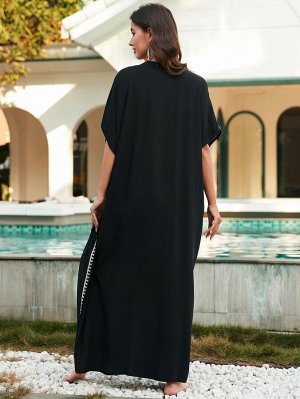 Женское макси-платье с разноцветной вышивкой, цвет чёрный