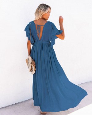 Женские длинное платье с короткими рукавами и завязками на спине, на пуговицах, цвет синий