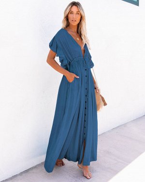 Женские длинное платье с короткими рукавами и завязками на спине, на пуговицах, цвет синий