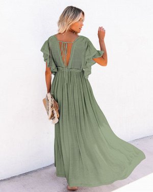 Женские длинное платье с короткими рукавами и завязками на спине, на пуговицах, цвет светло-зелёный
