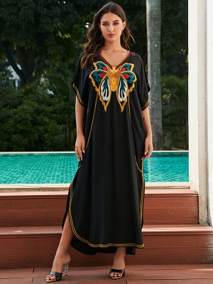Женское макси-платье с разноцветной вышивкой, цвет чёрный