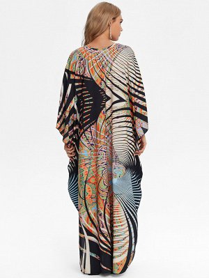 Женское длинное платье-накидка с разноцветным принтом, спущенными рукавами и разрезами по бокам