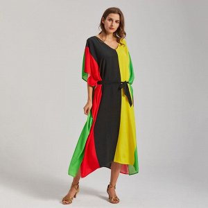 Женское длинное платье-накидка в полоску, со спущенными рукавами и разрезами по бокам, цвет чёрный/зелёный/красный/жёлтый