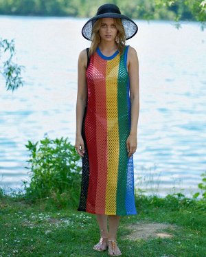Женское пляжное вязаное платье-туника в разноцветную полоску, с разрезами по бокам