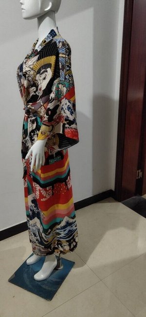 Женская накидка с разноцветным принтом и широкими рукавами, на поясе