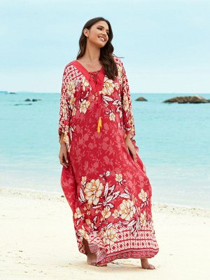 Женское длинное платье-накидка с цветочным принтом, спущенными рукавами и разрезами по бокам, цвет красный