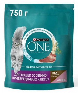 Purina ONE Сухой корм для взрослых кошек особенно привередливых ко вкусу, с уткой и печенью, 750 г