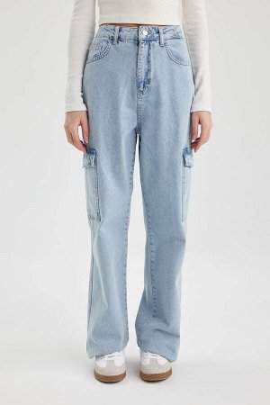 Широкие длинные джинсовые брюки-карго с высокой талией