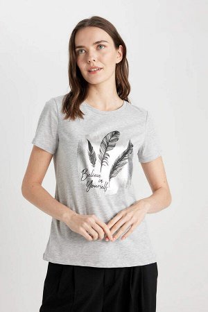DEFACTO Традиционная футболка стандартного кроя с круглым вырезом и короткими рукавами с принтом