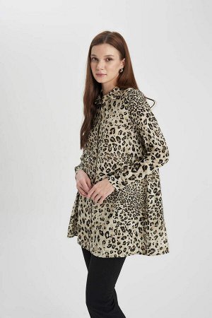 DEFACTO Рубашка-туника с длинными рукавами и леопардовым узором обычного кроя