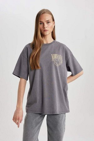 DEFACTO Футболка Nirvana Oversize с круглым вырезом и короткими рукавами с принтом на спине