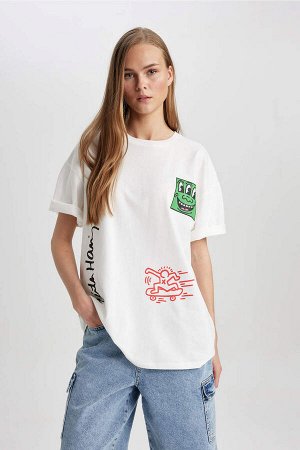 DEFACTO Унисекс футболка Keith Haring Oversize с круглым вырезом и принтом на спине с короткими рукавами