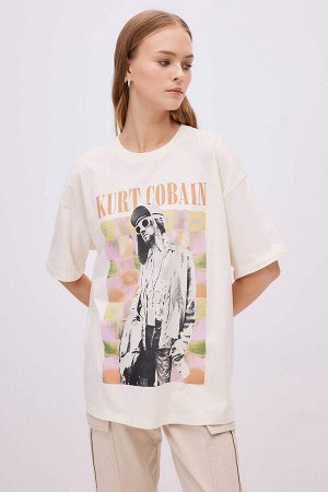 DEFACTO Унисекс Курт Кобейн Oversize-футболка с круглым вырезом и короткими рукавами