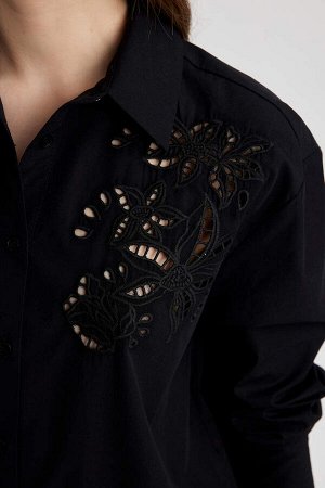 Черная рубашка из перфорированного поплина с длинным рукавом оверсайз