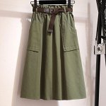 Женская юбка-трапеция с высокой посадкой и накладными карманами, оливковый