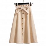 Женская юбка-трапеция средней длины, с карманами и эластичным поясом, декорирована пуговицами, бежевый