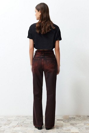 Темно-красные широкие джинсы с завышенной талией и эффектом потертости